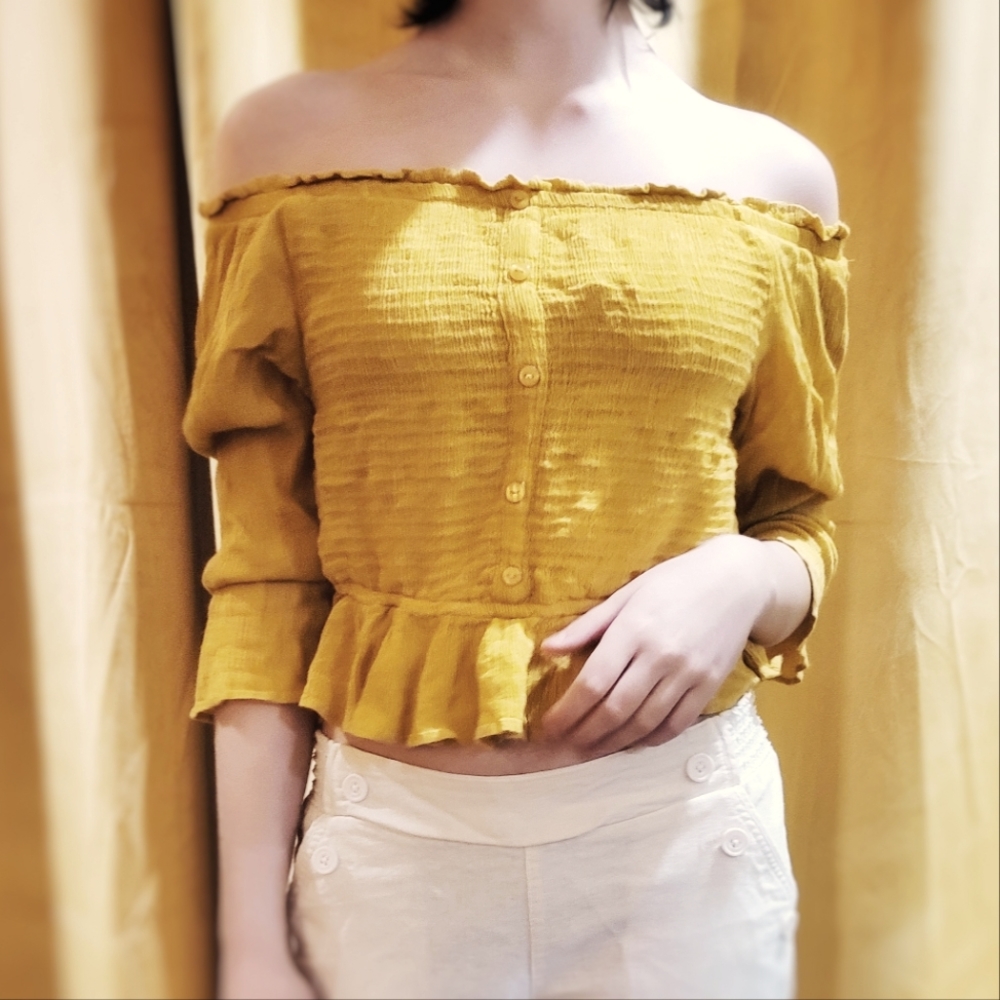 Mustard Color Ruffled Crop Shirt, On or Off-Shoulder Med Gathered